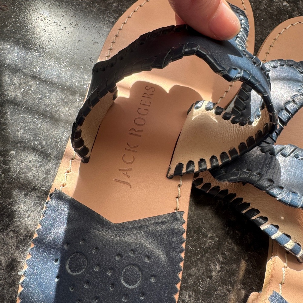 Jack Rogers Jacks Flat Sandals Navy Blue Leather Whipstitch Thong 9M Classic - Picture 5 of 8